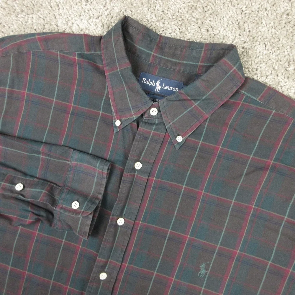 Vintage Polo Ralph Lauren Shirt Mens XLT Green Plaid Pony Logo Cotton Button Up
